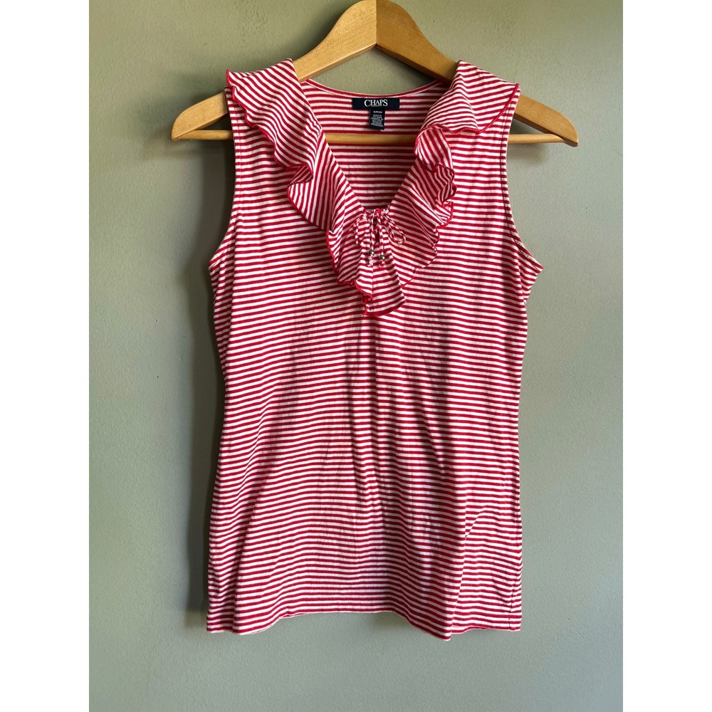 Chaps Red White Striped Ruffle Neck Sleeveless Cotton Top Small